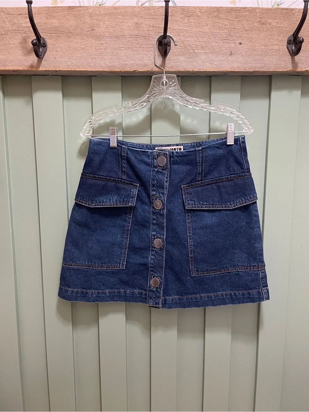 Topshop Moto Dark Blue Denim Button-Front Mini Skirt Lg Pocket Front 30